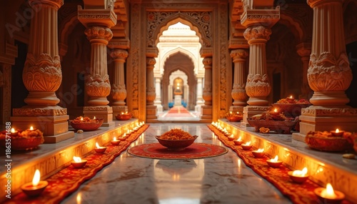 Ornate temple interior decorated with diyas and offerings. Rows of lit oil lamps illuminate a marble floor leading to an archway. Incense fills a sacred space for hindu worship and prayer.