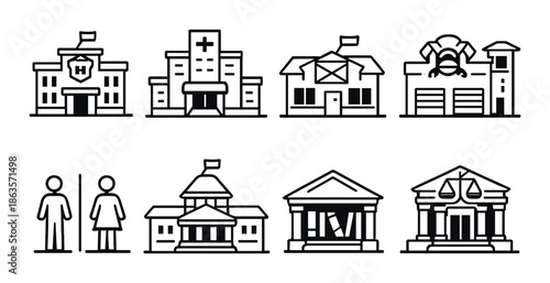 Icon set depicting public buildings and services including hospital, school, fire station, courthouse
