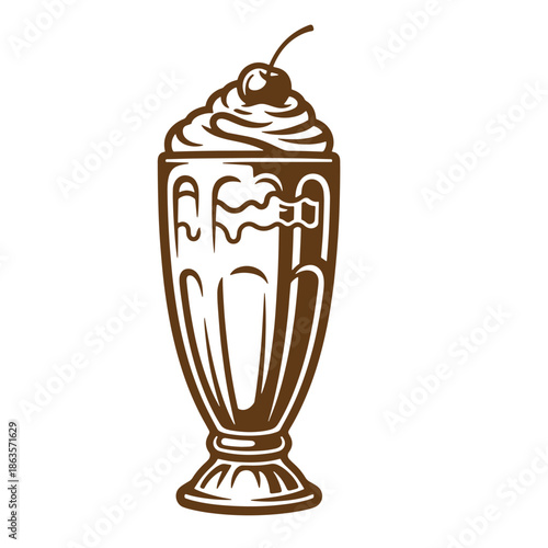 Brown milkshake with whipped cream and cherry on top in a tall glass