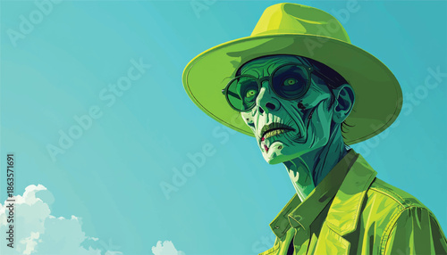 Eerie Green Figure with Hat and Glasses Against Blue Sky.