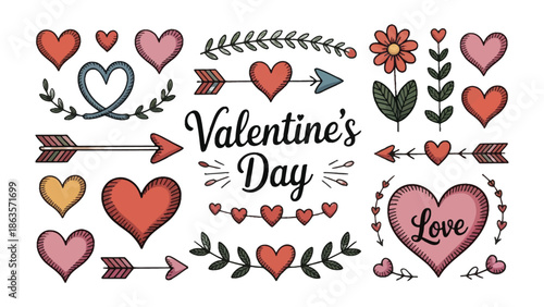 Valentine's Day Decorations: An array of delightful valentine's day decorations. Displaying hearts, arrows, floral elements, conveying love and affection in a charming composition.