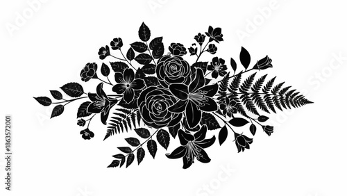 Black floral arrangement with roses lilies and ferns silhouette.