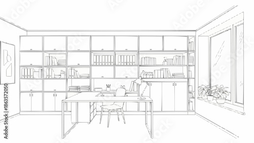 Modern home office interior design sketch with desk and shelves.