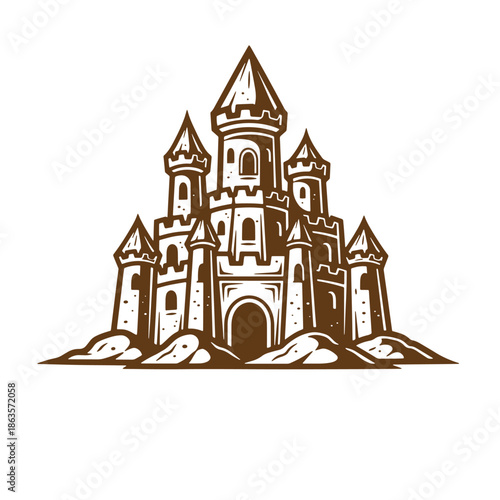 Brown sand castle with multiple towers and battlements on sandy base isolated on white background