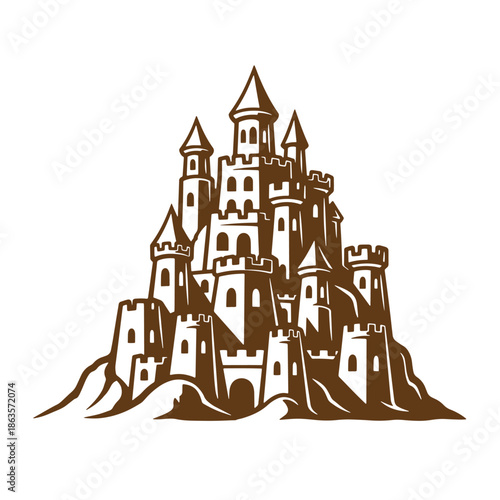 Brown sandcastle with multiple towers on sandy hill isolated on white background