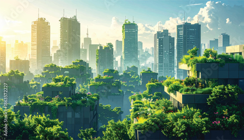 Rooftop Garden on Cityscape with Building Silhouettes and Green Roof Patches - Vector Illustration