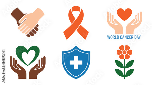 Supporting the Fight Against Cancer: A collection of symbolic elements, including hands clasped in support, ribbons of awareness, hearts representing care, and protective shields.