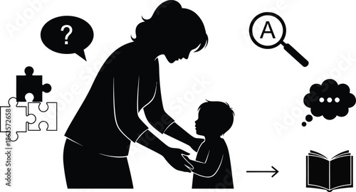 Happy mother's day illustration of loving mom and child learning together