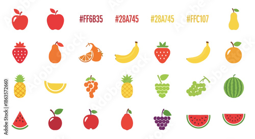 Colorful assortment of fruit icons featuring apples, bananas, berries, and melons displayed on a