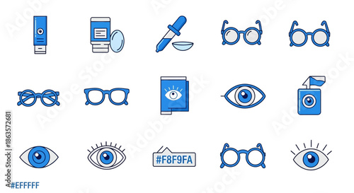 Eye care and vision correction icons showcasing lenses, glasses and eyesight products