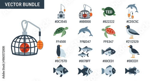 Collection of diverse marine life and fishing themed vector illustrations bundle