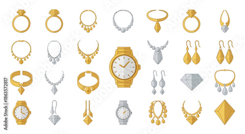 Elegant collection of gold and silver jewelry pieces including necklaces rings earrings