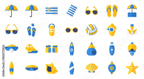 Summer beach vacation icons in blue and yellow palette perfect for design projects