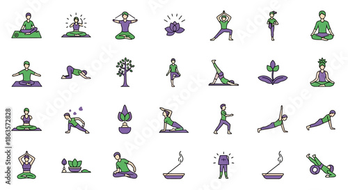 Diverse yoga poses and elements vector illustration set for wellness and lifestyle projects