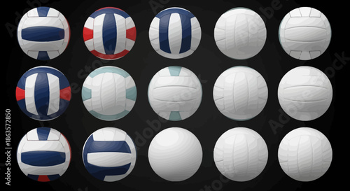 Collection of Fifteen Volleyballs with Various Designs and Colors on a Dark Background