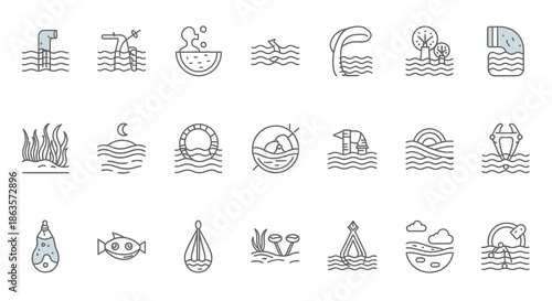 Diverse set of minimalist line art illustrations depicting aquatic and coastal elements ideal for