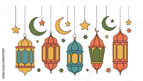 Ramadan Lanterns Illustration: A series of vibrant lanterns and crescent moons are suspended delicately, reflecting the spirit of Ramadan in a vivid and artistic expression.