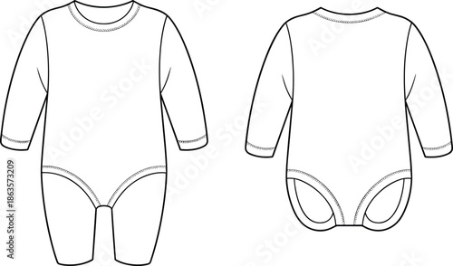 Baby onesie long sleeve flat sketch, infant clothing CAD drawing, vector illustration, front and back view, garment technical fashion design