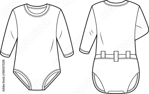 Baby bodysuit technical flat sketch, long sleeve infant onesie design, front and back view, vector fashion CAD drawing illustration