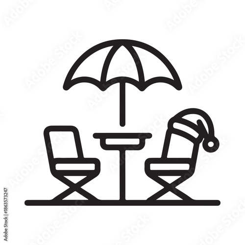 A simple black and white line drawing of a beach chair and umbrella setup