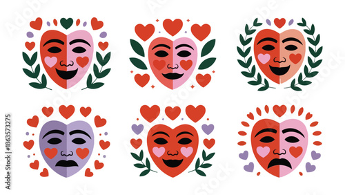 Theatrical Masks: Depicting a spectrum of human emotion, a series of intricately designed theatrical masks.