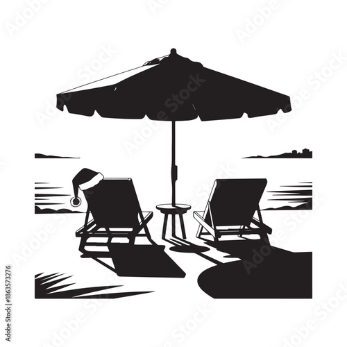 A festive beach scene featuring two lounge chairs a parasol and santa hats
