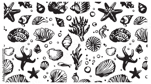 sea life illustration pattern, ocean creature doodles, marine animal artwork, underwater sketch design, nautical illustration set, sea creature line art, black ocean icons, aquatic life pattern, hand 
