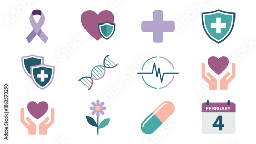 Healthcare Symbol Collection: An assortment of health and wellness icons, including hearts, crosses, shields, DNA strands, and flowers. Each represents vital aspects of well-being, medicine.