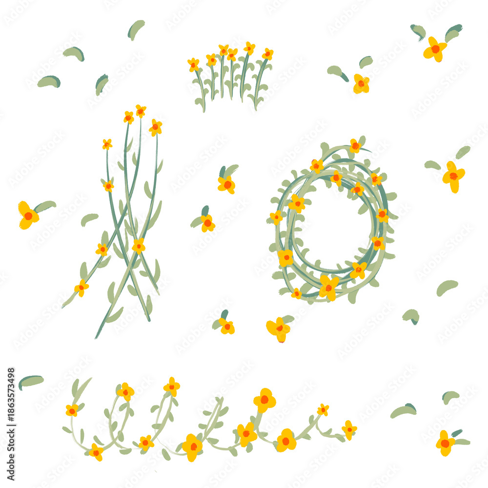 Obraz premium Hand drawn floral wreath and wildflower elements. Minimal botanical illustration with leaves and yellow flowers, perfect for spring design, wedding decor, invitations, posters and 