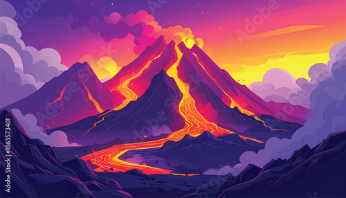 Volcanic Peaks with Gradient Lava Flows and Smoky Clouds - Vector Illustration