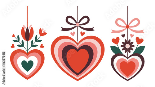 Hearts and Flowers: Festive heart-shaped ornaments, adorned with delicate flowers and ribbons, creating a charming and romantic ambiance.