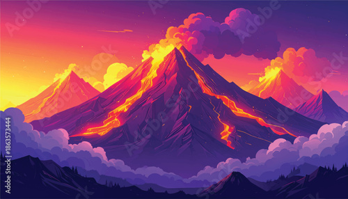 Volcanic Peaks with Gradient Lava Flows and Smoky Clouds - Vector Illustration
