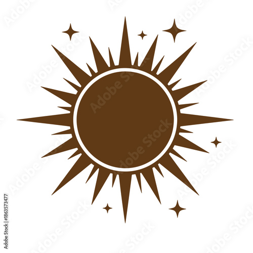 Brown sun icon with white outline and stars on white background