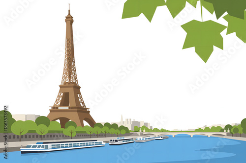 Paris Seine River Scene with Eiffel Tower and Boats