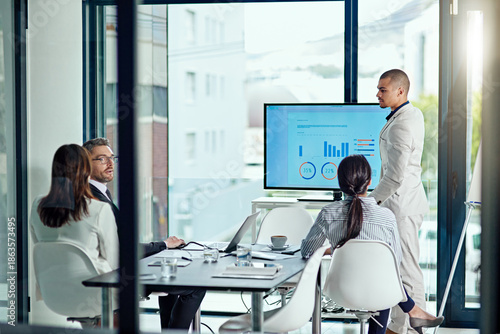 Bild auf Leinwand Monitor, teaching and presentation with business man in office for planning, stakeholder pitch or graph