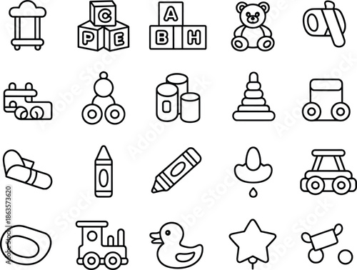 Baby toys icon set, outline vector illustration, infant learning icons, preschool education, baby care, childcare elements, toddler play set