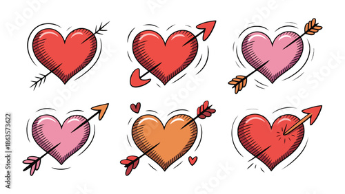 Love's Aim: A collection of heart illustrations, each pierced by an arrow, symbolizing love, passion, and affection. A visual depiction of romance and the emotional journey of the heart.