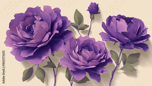 Cluster of deep purple roses on white background.