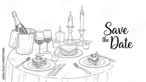 Romantic dinner setup for two with wine and cake save the date illustration