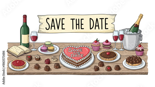 A romantic dinner table setting with cake, wine, and desserts, featuring a save the date banner, perfect for a love date celebration