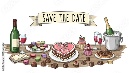 Celebratory dessert table with cake champagne and wine on a rustic wooden surface