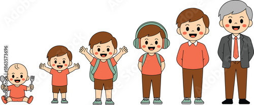 Baby, toddler, child, teenager, adult, elderly man, male growth stages, human life cycle, aging process illustration