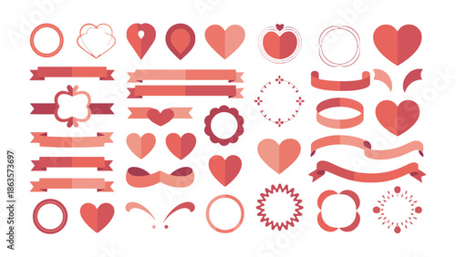 Love and Elegance: An array of red heart illustrations, ribbons, and decorative frames create an image of love and elegance. A harmonious fusion for Valentine's Day.