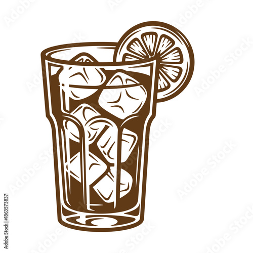 Glass of refreshing cold drink with ice cubes and lemon slice on rim isolated on white background