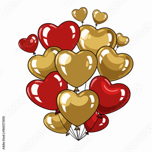 A bunch of shiny heart shaped balloons in red and gold for Valentine's Day celebrations
