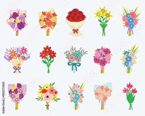 Colorful Floral Bouquet Icons Set, Decorative Flower Arrangements in Flat Vector Style