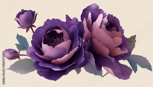 Cluster of deep purple roses on white background.