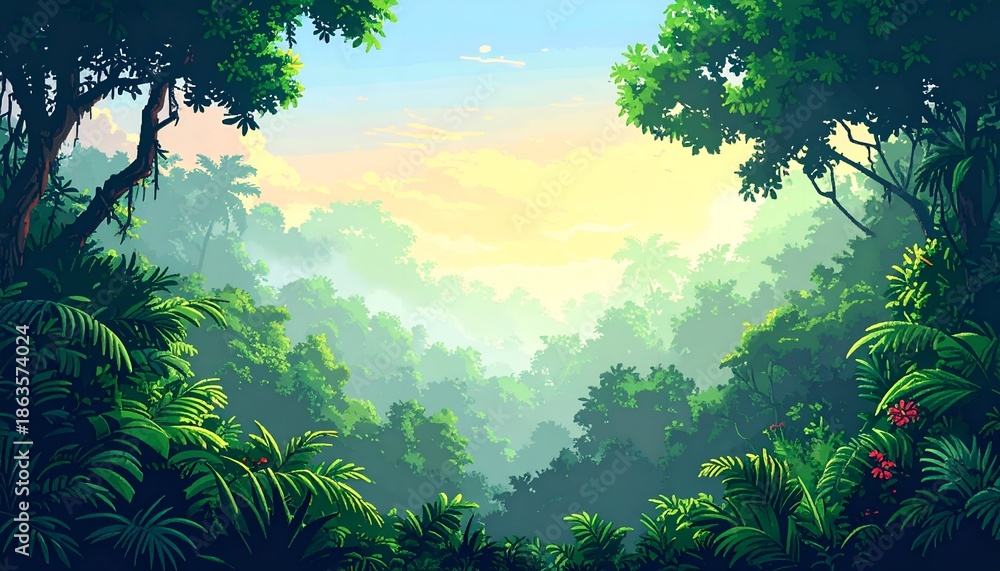 Fototapeta premium A vibrant digital depiction of a dense jungle with rich foliage and a softly lit sky