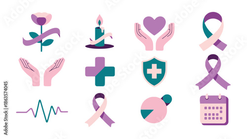 Hope and Awareness: A collection of symbolic icons, including ribbons and flowers, illustrating a theme of support, health, and awareness for a cause.