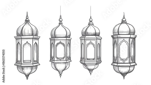 Intricate Lanterns: A collection of exquisite, detailed lantern illustrations. Featuring graceful lines and ornamental embellishments, capturing the essence of cultural artistry.
